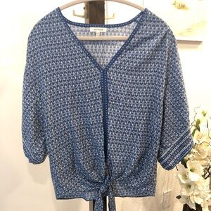 MAX STUDIO Blue Printed Silky Tie-Front Blouse